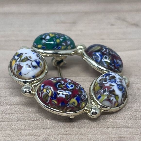 Vintage Millefiore Venetian Glass Brooch Murano Art Cabochons Gold tone - Picture 4 of 10